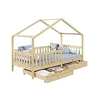 idimex lit cabane elea lit enfant simple montessori 90 x 190 cm, avec 2 tiroirs de rangement, en pin massif à la finition naturelle