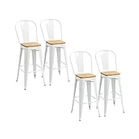 homcom lot de 4 tabourets de bar chaise haute cuisine industriel avec dossier repose-pied hauteur assise 76 cm métal blanc
