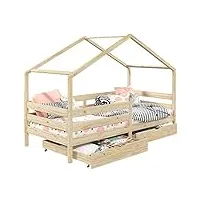 idimex lit cabane ena lit enfant simple montessori 90 x 190 cm, avec 2 tiroirs de rangement, en pin massif à la finition naturelle
