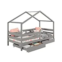 idimex lit cabane ena lit enfant simple montessori 90 x 190 cm, avec 2 tiroirs de rangement, en pin massif lasuré gris