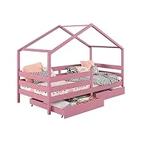 idimex lit cabane ena lit enfant simple montessori 90 x 190 cm, avec 2 tiroirs de rangement, en pin massif lasuré rose