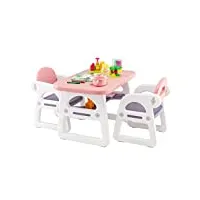 costway table enfant avec 2 chaises moderne & etagère de rangement concave, table d’activité en hdpe avec siège ergonomique pour jouer dessiner lire, tapis antidérapant, 1-5 ans(rose)