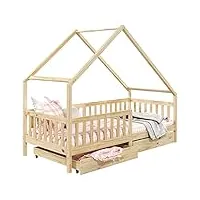 idimex lit cabane alva lit enfant simple asymétrique en bois 90 x 190 cm montessori, avec rangement 2 tiroirs, en pin massif à la finition naturelle