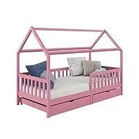idimex lit cabane nuna lit enfant simple montessori en bois 90 x 190 cm, avec rangement 2 tiroirs, en pin massif lasuré rose