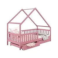 idimex lit cabane alva lit enfant simple asymétrique en bois 90 x 190 cm montessori, avec rangement 2 tiroirs, en pin massif lasuré rose