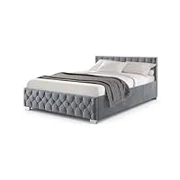 juskys lit rembourré nizza 140 x 200 cm - cadre de lit avec sommier à lattes, coffre de lit et éclairage led - lit avec housse en velours et surpiqûre chesterfield - gris
