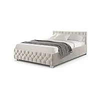 juskys lit rembourré nizza 140 x 200 cm - cadre de lit avec sommier à lattes, coffre de lit et éclairage led - lit avec housse en velours et surpiqûre chesterfield - beige