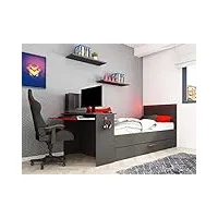 vente-unique - lit gigogne gamer 90 x 200 et 90 x 190 cm - avec bureau - leds - anthracite et rouge + matelas + sommier - vouani