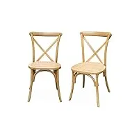 alice's home - lot de 2 chaises de bistrot en bois de cédrèle naturel. vintage. assise en rotin. empilables