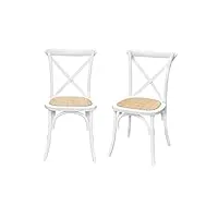 alice's home - lot de 2 chaises de bistrot en bois d'hévéa blanc. vintage. assise en rotin. empilables