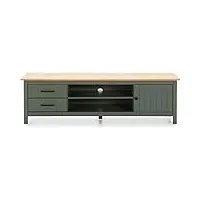 homifab meuble tv 1 porte 2 tiroirs en pin massif/vert 158 cm - ida