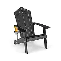 costway fauteuil de jardin adirondack en hips grain de bois réaliste, chaise d'extérieur imperméable avec porte-gobelet charge 170kg, pour jardin piscine terrasse (noir)