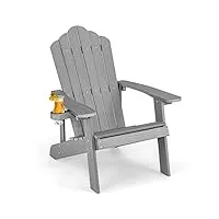 costway fauteuil de jardin adirondack en hips grain de bois réaliste, chaise d'extérieur imperméable avec porte-gobelet charge 170kg, pour jardin piscine terrasse (gris)