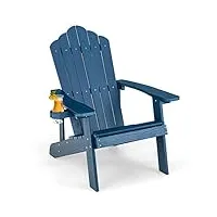 costway fauteuil de jardin adirondack en hips grain de bois réaliste, chaise d'extérieur imperméable avec porte-gobelet charge 170kg, pour jardin piscine terrasse (bleu marine)