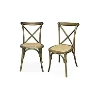 alice's home - lot de 2 chaises de bistrot en bois d'hévéa marron vieilli. vintage. assise en rotin. empilables