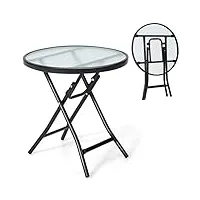 giantex table de jardin, petite table d'appoint pliable en verre, avec structure en métal, table de bistrot pour intérieur et extérieur (ronde)