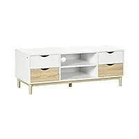 homcom meuble tv banc tv jusqu'à 55 pouces avec étagères 4 tiroirs passe-câble en bois 120 x 40 x 44,5 cm bois naturel et blanc