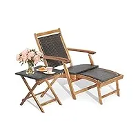 costway chaise longue en rotin avec repose-pied rétractable et accoudoirs charge 160kg, bain de soleil avec table d'appoint carré pliable extérieur, pour jardin arrière-cour