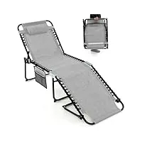 costway chaise longue pliante inclinable avec appuie-tête amovible, bain de soleil avec dossier réglable à 4 positions et cadre en acier antirouille, pour camping, terrasse, charge 150 kg (gris)