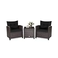 giantex lot de 3 meubles de jardin en rotin pour 2 personnes, ensembles salons de jardin 2 fauteuils avec coussins et table basse plateau en verre (coussin noir)