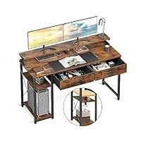 odk bureau d'ordinateur, table de bureau avec 2 tiroirs, bureau informatique avec étagère de rangement pour la maison avec support d'écran, bureaux et postes de travail (marron, 120x50x87cm)
