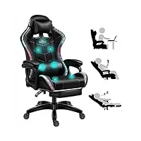 chaise pivotante chaise de jeu repose-pieds et massage, chaise de jeu vidéo haut-parleurs  lumières led ergonomique racing cuir pu inclinable soutien lombaire appui-tête accoudoir,noir