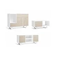 skraut home | ensemble de meubles wind| set de salon/salle à manger | composé par 1 buffet 1 meuble tv140 et 1 table basse| blanc/chêne| pieds blancs.