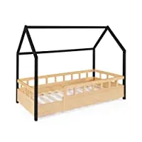 idmarket - lit cabane enfant 80 x 160 cm neree bois et noir avec sommier et barrières