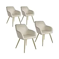 tectake 800862 lot de 4 chaises de salle à manger effet velours scandinave pieds en acier dorés Élégant avec accoudoirs – diverses couleurs (crème/or)