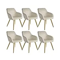 tectake 800863 lot de 6 chaises de salle à manger effet velours scandinave pieds en acier dorés Élégant avec accoudoirs – diverses couleurs (crème/or)