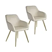 tectake 800861 lot de 2 chaises de salle à manger effet velours scandinave pieds en acier dorés Élégant avec accoudoirs – diverses couleurs (crème/or)