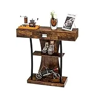 giantex table console à 3 niveau avec tiroir, table d'entrée en bois avec anti-basculement et cadre en métal, style industrielle, pour salon, chambre, entrée, marron rustique