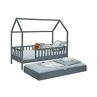 idmarket - lit cabane enfant 80 x 160 cm neree gris avec 1 tiroir gigogne et de rangement