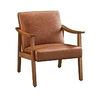 yaheetech fauteuil de salon avec accoudoirs courbes chaise ergonomique cadre en bois d’hévéa pour salon chambre salle de séjour bureau 62×70×74 cm marron clair