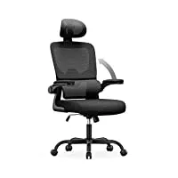 chaise de bureau ergonomique: fauteuil bureau avec support lombaire en c,dossier et appui-tête réglables,reversible armrest,siege en maille respirante convient à la maison bureau ,lecture,noir
