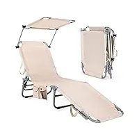 costway chaise longue pliante inclinable avec auvent rotatif à 360° charge 150kg, bain de soleil réglable à 5 positions métal antirouille bain de soleil pour camping terrasse (beige)