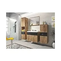 minio - ensemble meubles de salle de bain 4 pièces alo, 2x armoire salle de bain, 1x miroir salle de bain avec Étagère, 1x meuble avec lavabo - châtaignier de wroclaw/noir graphite