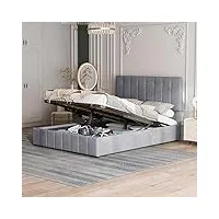 azkoeesy lit capitonné, 140 x 200 cm, cadre de lit avec tiroir et sommier à lattes, tête réglable en hauteur, fonctionnel hydraulique en velours et métal, gris ldu00005