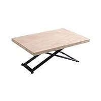 pegane table basse relevable de salon en bois de chêne naturel avec pieds en métal noir-longueur 120 x profondeur 80 x hauteur 49-76 cm
