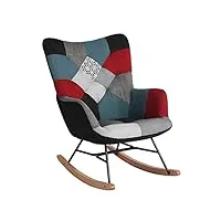 meuble cosy fauteuil à bascule allaitement scandinave chaise loisir et repos en tissu patchwork avec pieds en e' bois métal pour salon, chambre, le balcon, 71x89x95cm