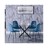 goldfan ensemble table à manger en verre et chaises 4,ronde tables de salle à manger et 4 velours chaise en pour 4~6 personnes en cuisine (4, bleu)