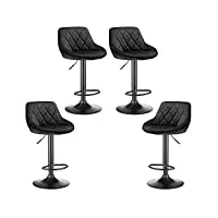 drumm tabouret de bar lot de 4 en velours,chaises de bar,tabourets de cuisine,réglable en hauteur et rotative à 360°,dossier et repose-pieds(noir-4)