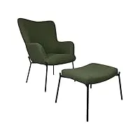 happy garden fauteuil de relaxation avec repose-pieds eira, tissu boucle vert kaki, piétement en métal