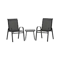 outsunny ensemble de jardin 3 pièces en acier 2 chaises empilables et table basse carrée avec dossier haut revêtement en textilène noir