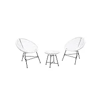 concept usine - salon de jardin - ensemble bistrot 3 pièces rotin naturel : 2 fauteuils oeuf + table ronde design acapulco blanc | cordes polyéthylène résistant | intérieur extérieur | résiste à l'eau