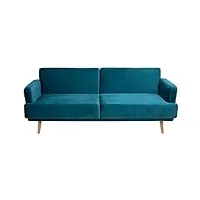 pegane banquette 3 places,canapé-lit en tissu bleu canard avec pieds en bois de hêtre - longueur 214 x profondeur 26 x hauteur 115 cm