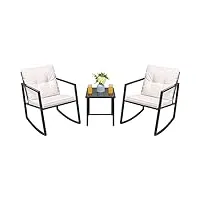 jummico ensembles de conversation avec table basse en verre salon de jardin à bascule en osier avec chaises de porche, beige, 3 pièces