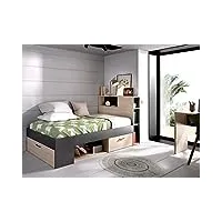 vente-unique - lit avec tête de lit rangements et tiroir - 90 x 190 cm - anthracite et naturel + sommier - leandre