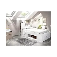 vente-unique - lit avec tête de lit rangements et tiroir - 90 x 190 cm - blanc + sommier - leandre