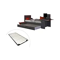 vente-unique - lit gigogne gamer2 x 90 x 200 cm - avec bureau - leds - anthracite et rouge + sommier - vouani
